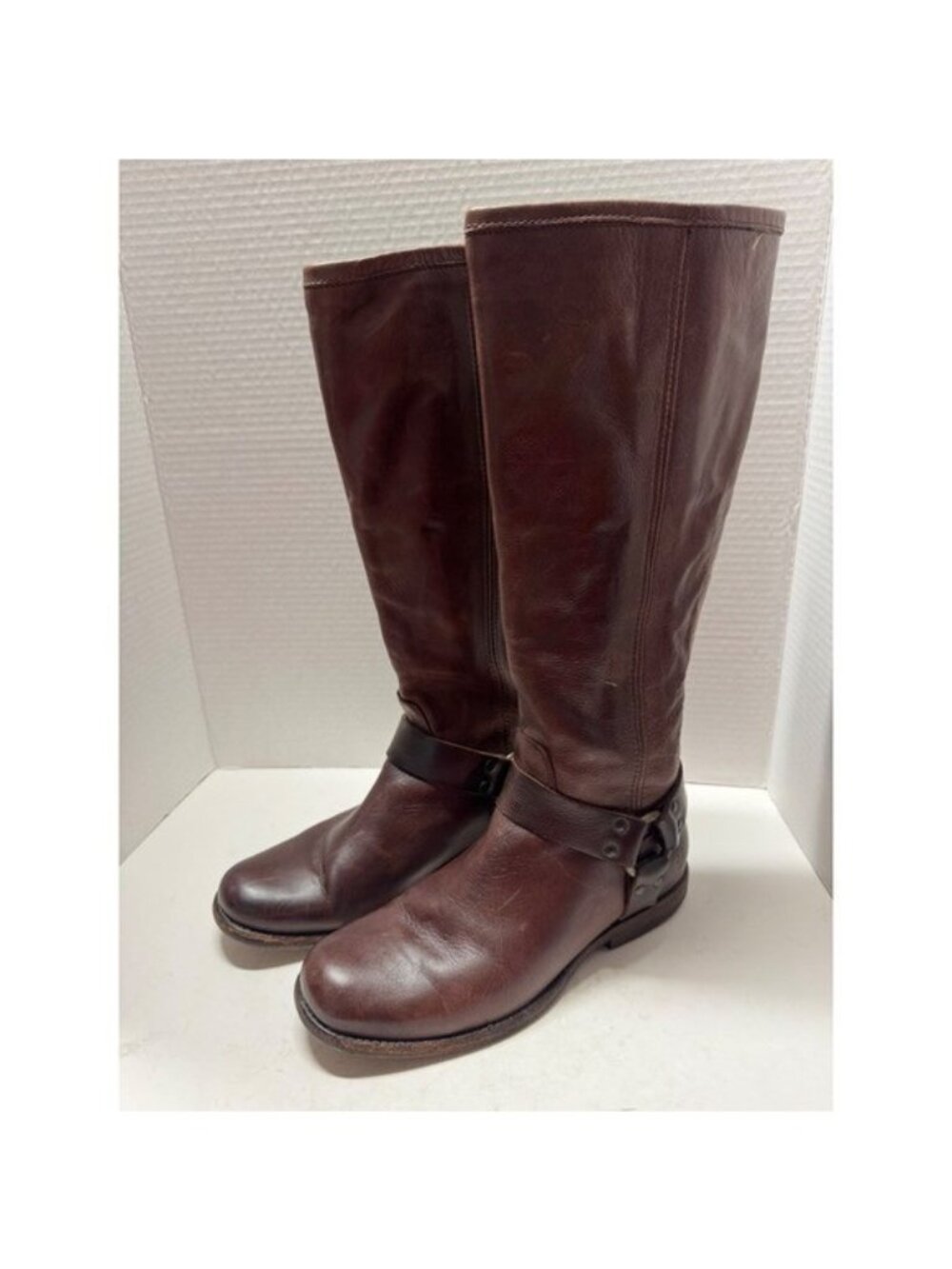Frye Phillip Harness Tall Boots Dark Brown Leather Back Zip 7.5B 3476850
